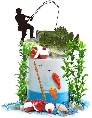 14 Pieces Fisherman Themed Decoration for Retirement Party Supplies Gone Fishing Cake Topper Fisherman Fish Cake Decoration for Catching the Big One Birthday Theme Party Supplies