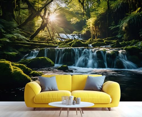 FACADUP Tropical Jungle Mural, Stream Waterfall Wall Mural Wallpaper, Natural Forest Scenery Wallpaper for Living Room Bedroom Decor 232x158cm Nature Wilderness Scenic Decorative (Not Self-Adhesive)
