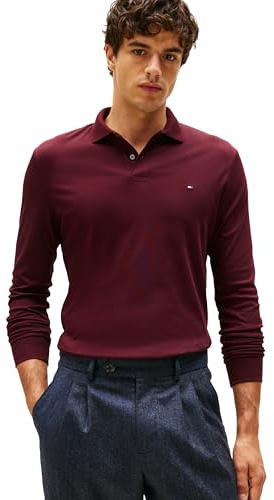 Tommy Hilfiger Men's Long Sleeve Casual Polo Shirts in Regular Fit with Liquid Cotton Casual Long Sleeve Polo Shirt in Regular Fit with Liquid Cotton (Pack of 1), Burgundy red, M