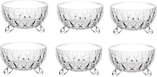 Housetronics Set of 6 Glass Bowls Unique Embossed Crystal Look Footed Dishes Fruit Salad Trifle Dessert Sundae Ice Cream Appetiser Starter Prawn Cocktail Pudding Trifle (6 Bowls Set Geo)