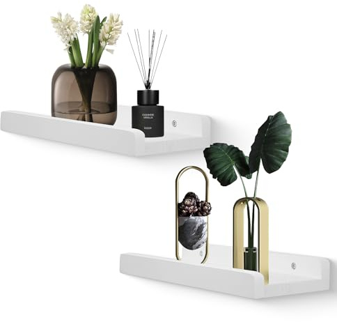 PHOENANCEE Massivholz, 30cm Wandbilderregale Leiste, rustikale Holzleiste Regale, dekoratives Fotoregal für Wohnzimmer, Küche, Schlafzimmer, Bücher, 2er-Set, rustikales Weiß