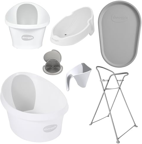 Shnuggle Baby & Toddler Bath Time Bundle – Newborn Baby Bath with Support, Newbor Bath Support, Toddler Bath, Bath Stand, Baby Hair Brush & Rinsing Jug – Comfortable & Supportive from Birth to 4 Years