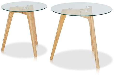 KHG Beistelltisch 2er-Set Rund, Tischplatte Glas, vielseitig einsetzbar | 3-Fuß-Gestell aus Massivholz braun, einzeln ideal als Beistelltisch, 5 kg belastbar, 50x43x43 cm, für den Alltag