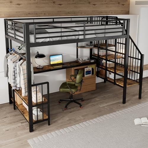 Rosebibi Letto in ferro, 120 x 200 cm, letto a soppalco, scala laterale con corrimano, con porta di ricarica, con gruccia, ripiano e due dispositivi di protezione antiribaltamento, ferro + MDF, (nero+