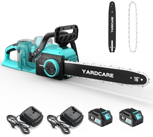YARDCARE Akku-Kettensäge 16 Zoll mit LED-Anzeige & 2× 4Ah Akkus, 1600W Bürstenloser Motor, 21 m/s Kettengeschwindigkeit, Werkzeugloses Spannen, Automatische Schmierung, Für Holz & Garten