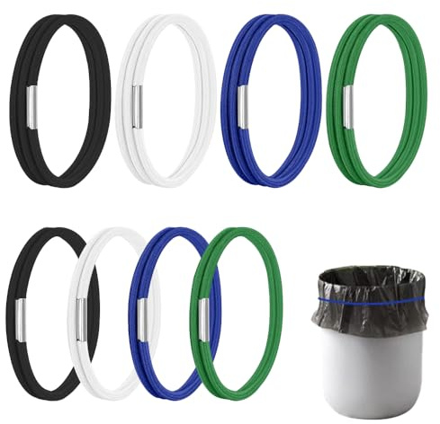 TRKETK 8 Pcs Trash Can Rubber Bands Adjustable Elastic Multifunction Trash Can Bands Set Colorful Bin Bag Holder for Home Kitchen Tables Picnic Party Indoor and Outdoor (4 Colors)