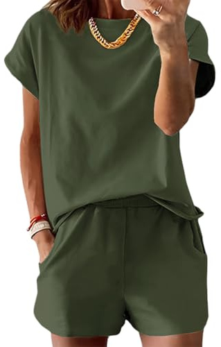 DURINM Completo Donna Estivo 2 Pezzi Casual Set Pantaloncini con Tasche e Maniche Corte Elegante Girocollo Abbigliamento Sportivo Tuta Donna Ginnastica per Jogging Training Casa Fitness