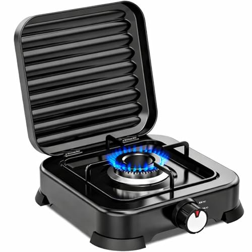 Cocina de Gas Portátil de 1 Fogón, Hornillo de Gas Portátil con Fuego Ajustable, Compatible con Propano y Butano, 2,2 kW, Compacta con Tapa para Exterior, Camper, Terraza y Emergencias.(1 Fogón)