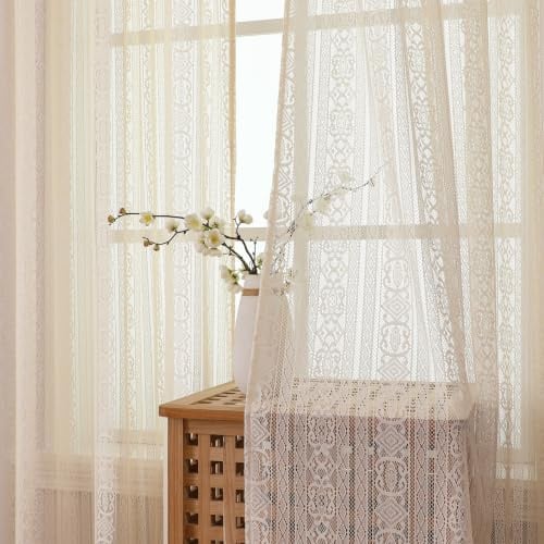 Gazal Vole Boho Häkel Gardinen Beige 2er Set, H 220 x B 140 cm, Transparente Makramee Spitzengardinen mit Stangentasche, Vintage Landhausstil Vorhänge für Wohnzimmer Schlafzimmer