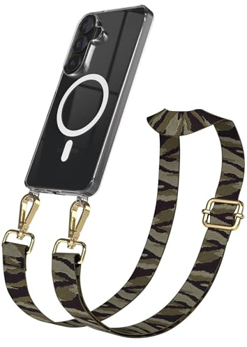 EAZY CASE Handykette - Verstellbares Taschenband kompatibel mit Galaxy S26, Schulterriemen, Handykordel mit Silikon Hülle, Qi Charging kompatibel, Umhängetasche, Grün Camouflage Gold
