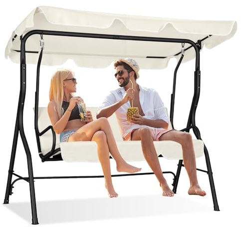 Peviasot 3-Sitzer Hollywoodschaukel Hochwertiger Gartenschaukel mit Verstellbarem Sonnendach Hängeschaukel aus Stahl bis 250 kg Belastbar für Garten, Pool, Terrasse, Beige