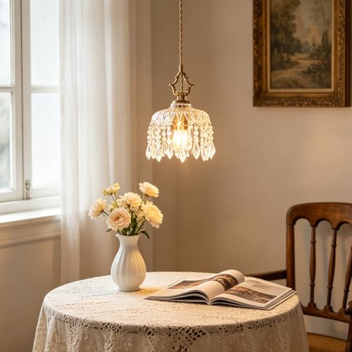 zhxinashu Glas-Pendelleuchte mit Tropfen,Deckenleuchte für Schlafzimmer-S | E27 Hängelampe mit Kristallbehang, Leuchtmittel nicht enthalten, 1m verstellbares Kabel, für Flur, Kücheninsel und Bar