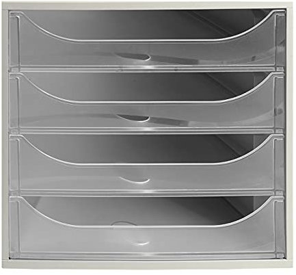 Exacompta 228323D Ablagebox Office mit 4 Schubladen für DIN A4+ Dokumente. Ecobox mit hoher Kapazität für mehr Platz auf dem Schreibtisch Big Box Grau|Kristall