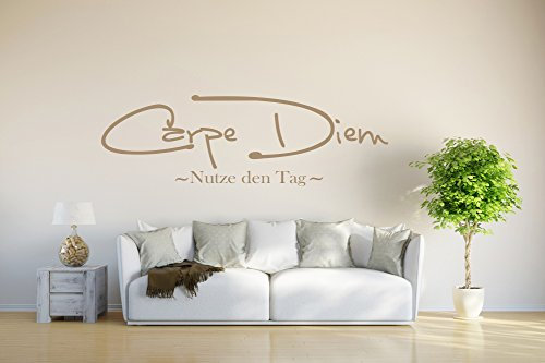 INDIGOS UG - Wandtattoo Wohnzimmer - Wandaufkleber Carpe Diem - braun - 80x25 cm - Aufkleber Kinderzimmer Schlafzimmer Küche Badezimmer Büro Dekoration