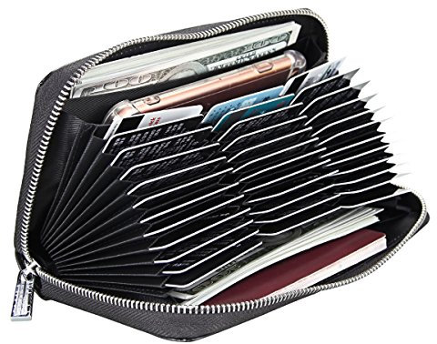 Cynure Damen 36 Fächer RFID-Schutz Kartenhalter Kreditkarten Etuis Große Lange Leder-Reißverschluss-Organizer Akkordeon Geldbörse Portemonnaie, Scharwz