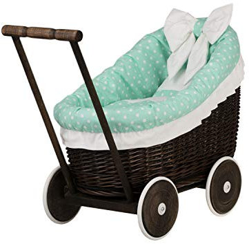 e-wicker24 Alles aus Weide Puppenwagen aus Weide mit Bettwäsche perfekte Geschenkidee Korbpuppenwagen schöner Spielzeug aus Korbgeflecht Korbwagen für Puppen Spielzeug für Mädchen (Dunkelbraun, Mint)
