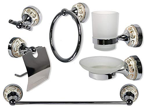 Vetrineinrete® Set da Bagno neoclassico in Ceramica Acciaio Cromato Vetro Satinato Opaco Decorazioni Oro 6 Pezzi Accessori arredo Bagno Porta saponetta spazzolini Asciugamano portarotolo A44