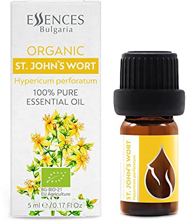 Essences Bulgaria Aceite Esencial Hierba de San Juan Orgánica 5ml| Hypericum perforatum | 100% Puro y Natural | Sin Diluir | Grado Terapéutico | Granja Familiar | Destilado al Vapor | Sin OMG | Vegano