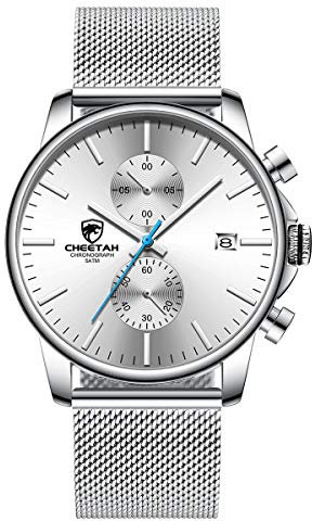 Herrenuhr Mode Schlanke minimalistische Quarz Analog Mesh Edelstahl wasserdichte Chronographen Uhren, Auto Date in blauen Zeigern, Farbe: Silber Weiß