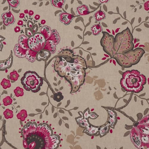 SCHÖNER LEBEN. Dekostoff Halbpanama Leinenlook Blumen Ranken Ornamente Natur pink 1,40m Breite