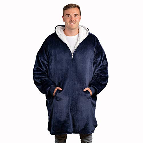 Oversized Blanket Hoodie Decke, Plüsch Flanell Weicher und Warmer Decken Pullover, Übergroße Kuschel Pulli mit Reißverschluss, Herren und Damen (Marine-Blau)