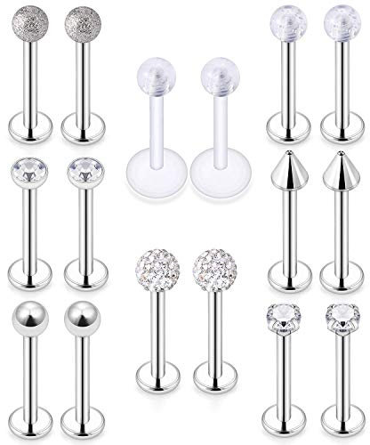 LAURITAMI 18stk Lippenpiercing Labret Stecker Chirurgenstahl 16G Piercing Conch Cartilage Tragus Helix Ohrring 8mm