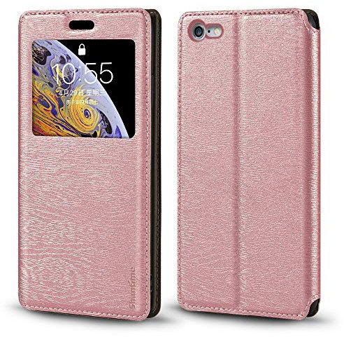 Coque à Rabat en Cuir PU avec Fenêtre Visible et Aimant Invisible Compatible avec iPhone 6S, Étui Intelligent à Affichage Clair (Or Rose)