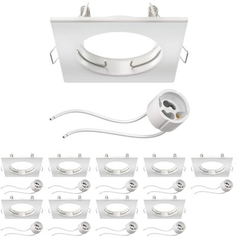 ledscom.de 10 Stück Deckeneinbaurahmen RIR Einbaurahmen weiß matt eckig (LED/Halogen/GU10/MR16/PAR16/50mm) inkl. GU10 Fassung
