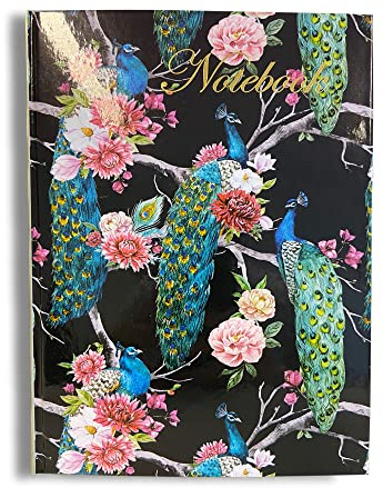 Maturi Taccuino A5 con copertina rigida, design pavone con dettagli in lamina d'oro e finitura lucida, nero