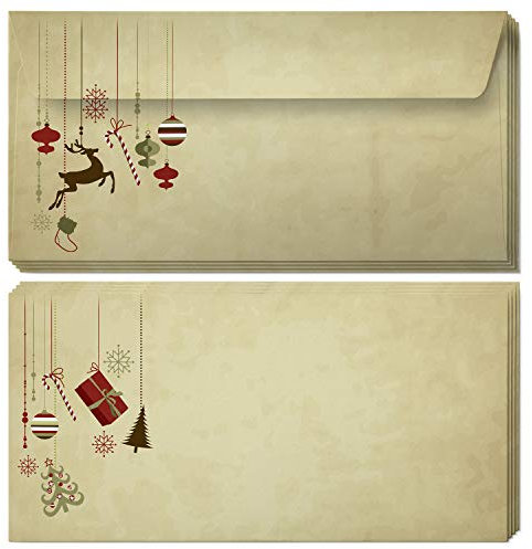 50 x Briefumschläge Weihnachtsmotiv Vintage braun beige Weihachten Umschlag - DIN lang - haftklebend ohne Fenster