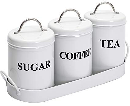 Xbopetda Tea Coffee Sugar Canisters, 3 Piece of Metal Food Storage Tin, Kitchen Canister Set with Metal Tray, Dry Food Storage Containers for Tea Coffee & Sugar-White