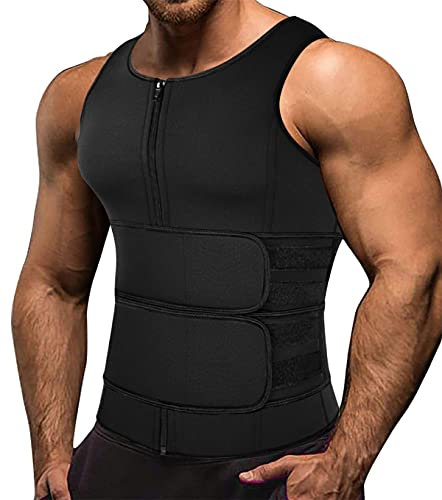 Memoryee Herren Neopren Sauna Weste Body Shaperwear Schwitzweste Taille Trainer Fitness Korsett Reißverschluss Tank Top/Black(Double Belt)/XL