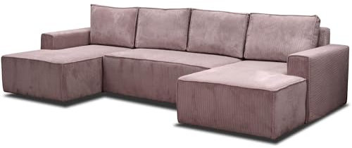 Beautysofa - Ecksofa mit Schlaffunktion - Sofa mit praktischer Aufbewahrungsbox - Sofa aus geripptem Veloursstoff POSO - Relaxsofa für das Wohnzimmer - 310x147x88cm - Rosa (Poso 27)