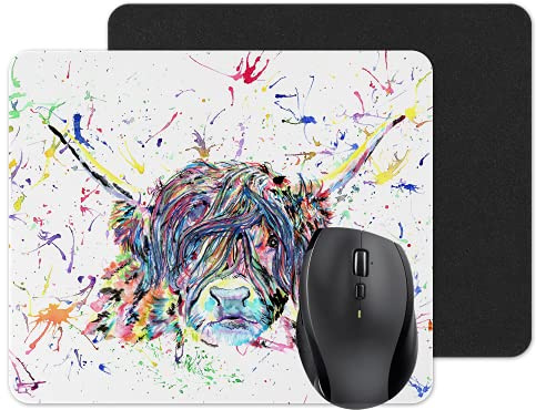 Mouse mat pad Watercolour Rainbow Art gift, christmas, Birthday (Highland Cow)