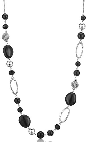 BULINLIN Beaded Long Silver Necklaces for Women, Handmade Statement Sweater Chain Necklace with Crystal Beads for Fashion Jewelry gifts(Black)