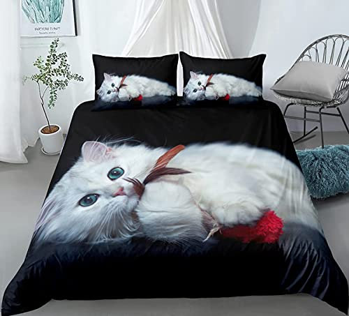 Bettwäsche 155x200 Türkische Angora-Katze 3D ,Weiche GebüRstet Mikrofaser Bettzeug Set, Bettbezug + 2 Kissenbezug 80x80 cm mit ReißVerschluss