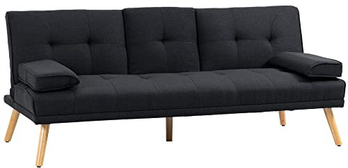 HOMCOM Canapé Convertible 3 Places Design scandinave Inclinaison Dossier réglable 3 Niveaux Dossier Centrale Rabattable 2 Porte-Verres Bois Massif Lin Gris