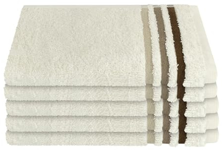 Schiesser Gästetuch | 5er Set | 100% Baumwolle | Creme | Streifenbordüre | 30x50 cm | flauschig & saugstark | sorgfältig eingenähter Kordelaufhänger | OEKO-TEX® MADE IN GREEN