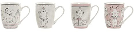 DKD Home Decor Taza mug Color Blanco y Rosa, de Porcelana (350 ml) (4 Unidades)