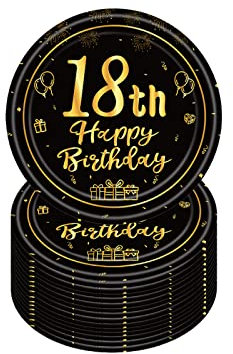 YAAVAAW Happy 18th Birthday Paper Plates 7''Black and Gold,16Pcs Disposable Tableware Party Plates,Happy 18th Birthday decor Plates for Boys,Girls,Kids,Him,Her Birthday Party Supplies Table Decor