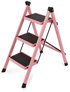 PURRL Leitern, Klappleitern aus Stahl für den Haushalt, dreistufige Metallleitern für die Küche, praktische Heimleitern, multifunktionaler Blumenständer/Rosa/41,5 * 71 * 80 cm Little Surprise