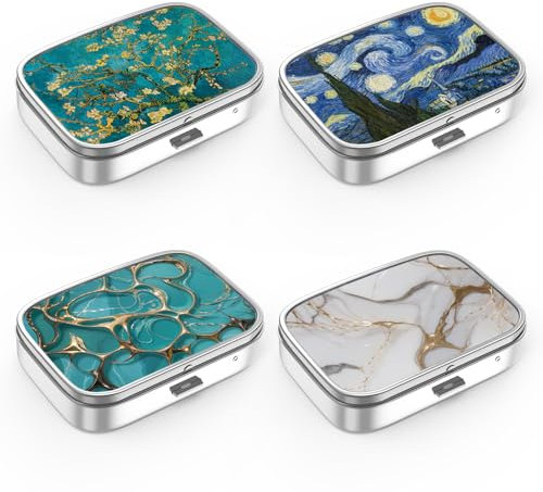 Pillendose 2 Fach Medizin Pillendose, tragbare Pillendose für Tasche oder Geldbörse Pillendose Dekorativer Metall-Medizin-Vitamin-Organizer Einzigartiges Geschenk (Set-4-van Gogh+marble, 4 Pieces)