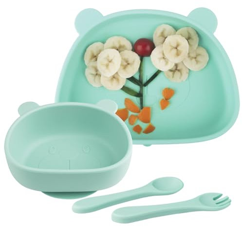 Suction Baby Plate and Bowl Set with Fork Spoon, Silicone Baby Led Weaning Supplies for Toddler Self Feeding, BPA Free Dishwasher and Microwave Safe (Cyan)