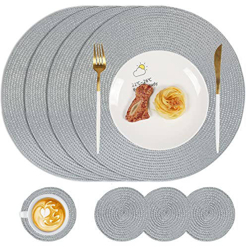 famibay Placemats and Coasters Set of 4 Round Woven Placemats Washable Heat Reasist Place Mats Grey Table Mats and Coasters for Kitchen Dining Table