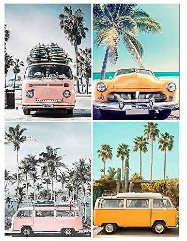 DCIDBEI 30 x 40 cm 5D Diamond Painting Landscape by the Sea, DIY Diamond Embroidery Coconut Palm Tree for Adults, Car Diamond Art Living Room Bedroom Decoration Children || Minibus Vintage