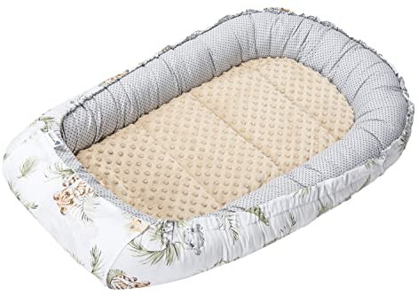 Medi Partners Babynest Nestchen für Neugeborene - 100x60x15 Babynestchen Baby zweiseitg Nest Bett 100% Baumwolle Minky Kuschelnest tragbar (Safari mit beige Minky)