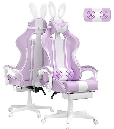 Ferghana Gaming Stuhl Ergonomisch Gaming Sessel mit Fußstütze Gaming Chair mit Kopfstütze und Lendenkissen PC Stuhl Racing Computerstuhl mit Hasenohren Violett
