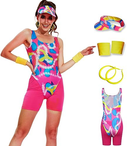 AYYOHON 80er-Jahre-Trainingskostüm-Outfit, Gymnastikanzug, Leggings, Armbänder, Sonnenblende, Ohrringe, Set, Damen, Halloween, Cosplay, S