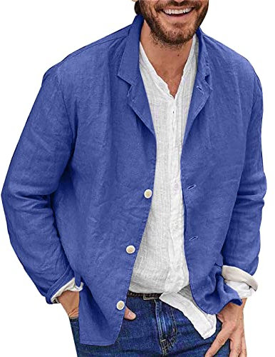 Veste Coton en Lin pour Homme Coupe Droite Grande Taille Blazer à Bouton Unique Manches Longues et à Revers Lâche Respirant Haut Confortable Coupe ajustée pour l'été