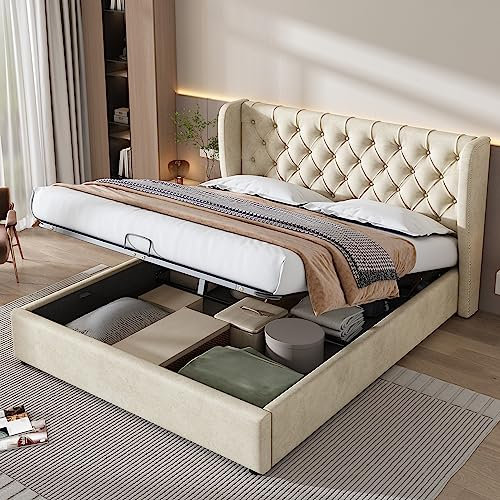 BTM Upholstered Bed, Double Bed Frames 135 * 190cm, Ottoman Storage Bed with Hydraulic Lever, Velvet, Beige